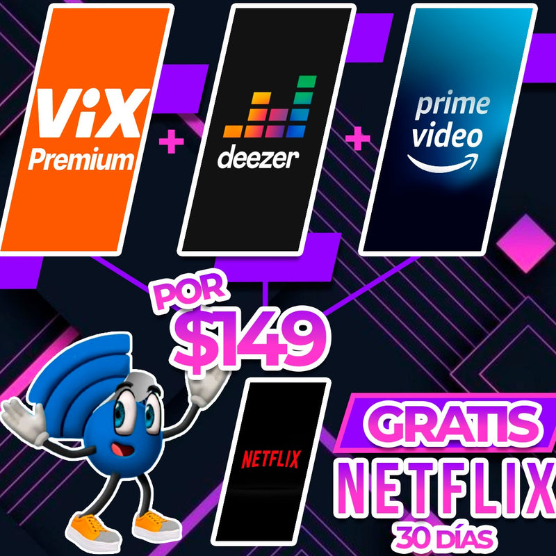 Maxipromo 30 días Vix + Deezer + Prime Video (1 perfil) + (30 días Netflix un perfil de regalo)